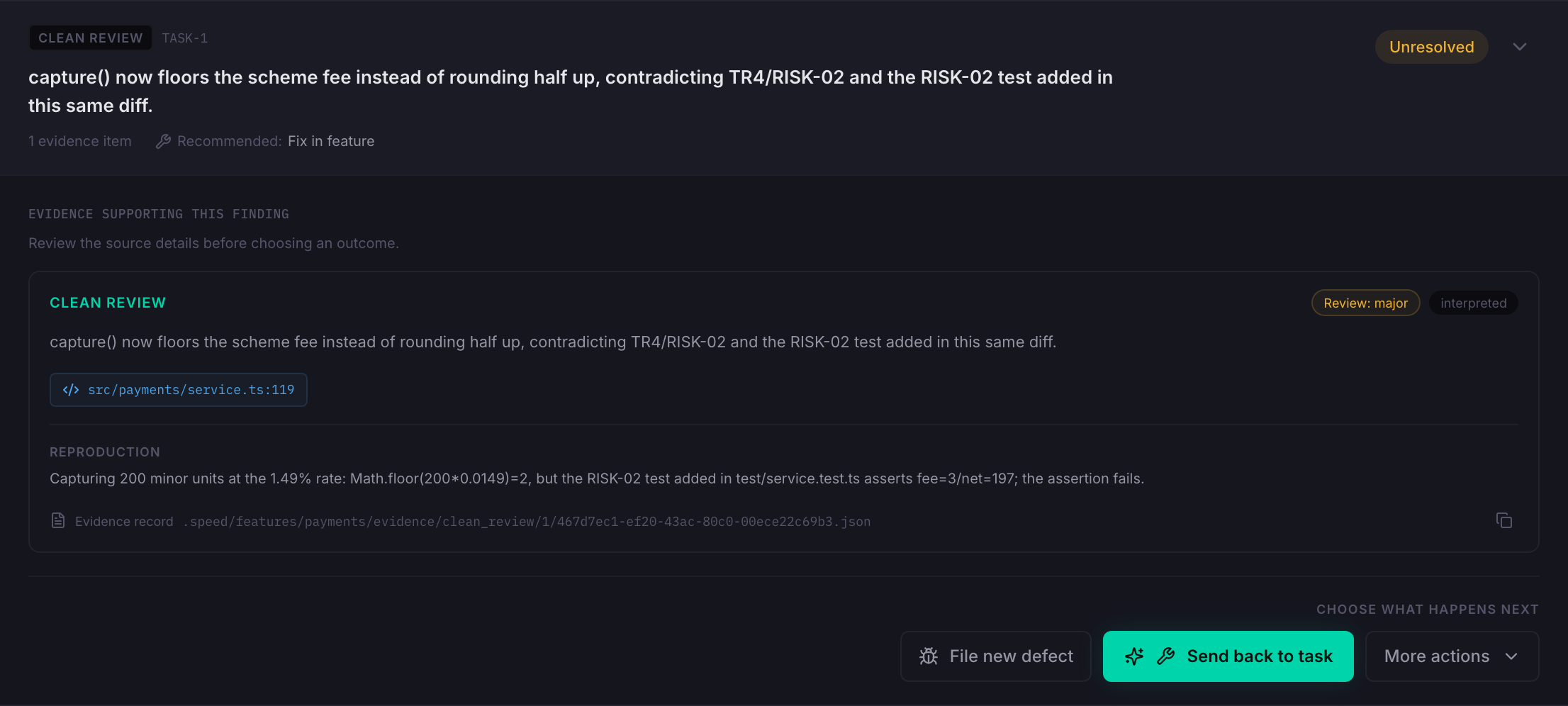 Task 1 fee finding expanded, showing its source, reproduction, and available actions