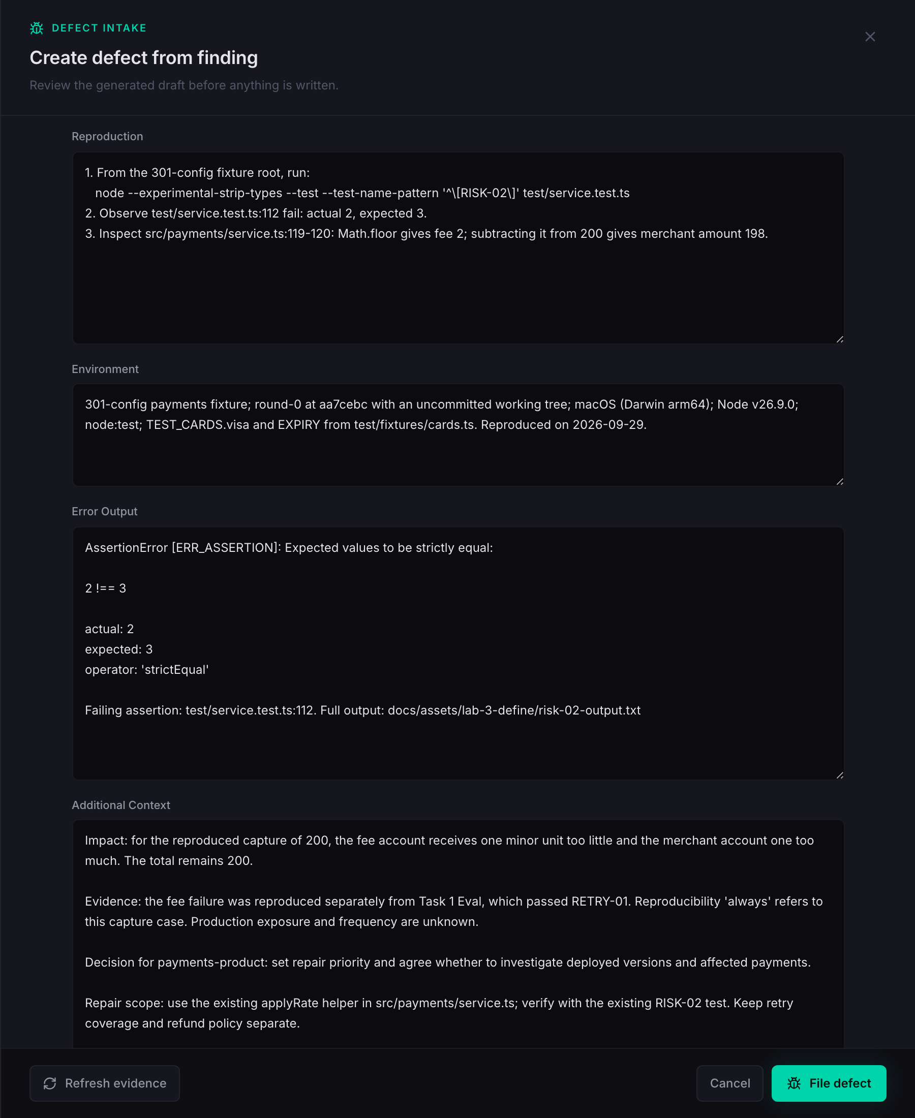 Numbered reproduction, verified environment, and captured fee-test error in the draft