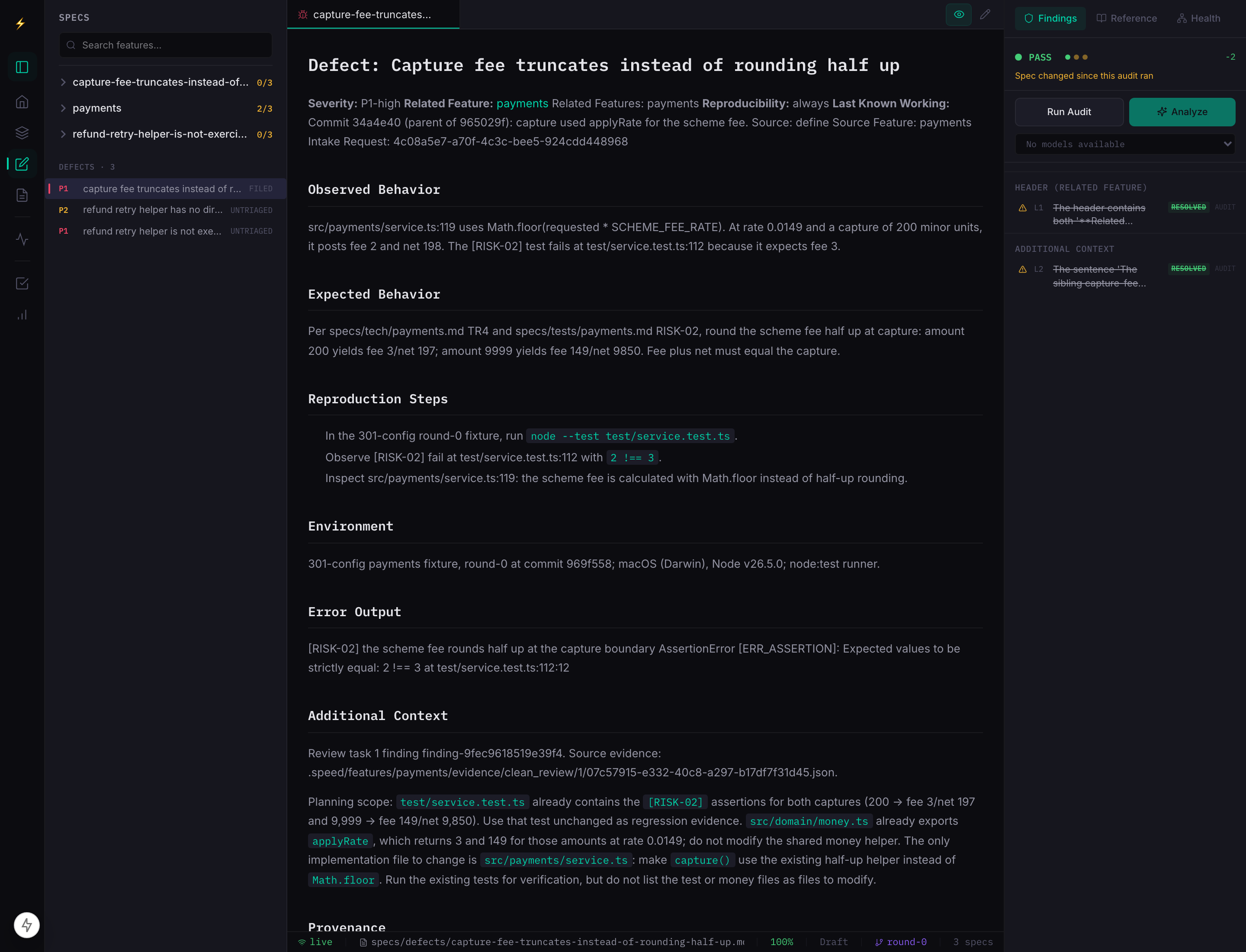Existing filed fee-defect report in the actual SPEED editor